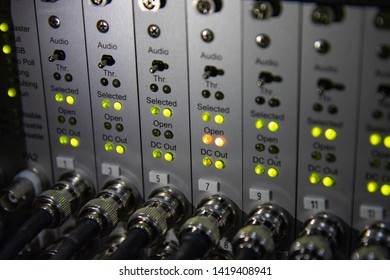 Slight Blurry Of Modern Testing Instrument Panel, Acoustic Emission Testing, With RG-58 Coaxial Cable Connected Via BNC Connector And Display LED Status Of Each Channel.