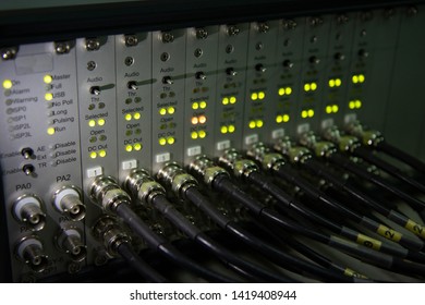 Slight Blurry Of Modern Testing Instrument Panel, Acoustic Emission Testing, With RG-58 Coaxial Cable Connected Via BNC Connector And Display LED Status Of Each Channel.