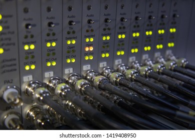 Slight Blurry Of Modern Testing Instrument Panel, Acoustic Emission Testing, With RG-58 Coaxial Cable Connected Via BNC Connector And Display LED Status Of Each Channel.