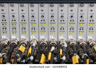 Slight Blurry Of Modern Testing Instrument Panel, Acoustic Emission Testing, With RG-58 Coaxial Cable Connected Via BNC Connector And Display LED Status Of Each Channel.