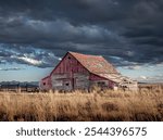 Slight side profile of 100 year old historic abandoned red wooden dairy barn still intact in the plains of Colorado on a cloudy day 