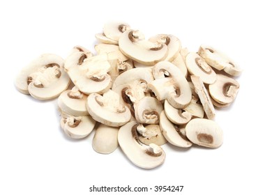 Slightly Closer In View Of A Pile Of Sliced White Button Mushrooms