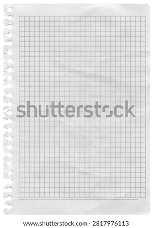 Slightly crumpled sheet of notebook torn graph paper texture with grid and perforation isolated for clipart or message background, high detail.