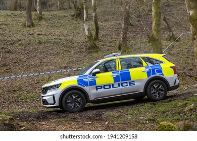 A Slightly Muddy British Police Car At A Crime Scene In Wales, UK
