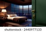 Slightly open door of luxury hotel room or apartment with blur interior background