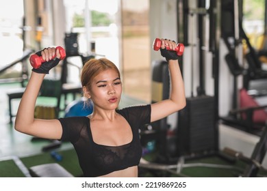 A Slim  Asian Woman Does Seated Dumbbell Shoulder Presses On A Flat Bench At The Gym. Wearing A Black Crop Top And Bike Shorts.