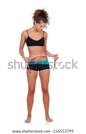 Slim brunette girl with tape measure isolated on a white background