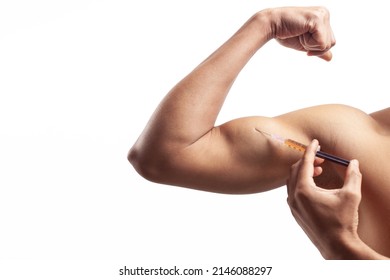 Slim Fitness Man Injecting Steroid Supplement Into Bicep To Improve Testosterone For Bodybuilding