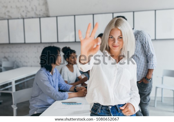 Slim Girl Blonde Short Hair Showing Stock Photo Edit Now 1080652067