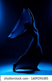 Slim girl wearing a white bodysuit dances a modern avant garde dance, covering her body with elastic transparent fabric in blue light. Artistic, conceptual and creative design. Silhouette photography - Shutterstock ID 1609296385