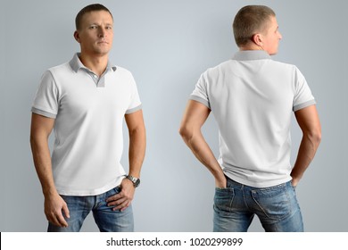 Slim Man In The White Polo Shirt And Blue Jeans  Isolated On The Gray Background, Front And Back View. Mockup For Your Graphic Design Or Logo.