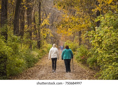 Slim Middle Aged Woman And An Overweight Older Woman Walk On The Trail In The Fall; The Older Woman Walks With A Walking Pole; Colorful Trees On Both Sides; Fall In Missouri, Midwest