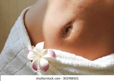 Slim Woman Belly White Terry Bathroom Towel Tanned Skin Sunlit Abdomen 