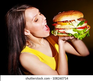 Slim Woman Bite Big Hamburger.