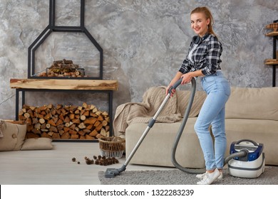 Slim woman cleaning with vacuum cleaner carpet