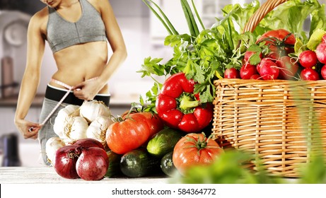 slim woman in kitchen and diet of vegetables and fruits 