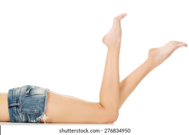 Slim Woman Legs In Jeans Shorts.