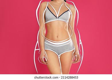 Slim young woman after weight loss pink background  closeup view 