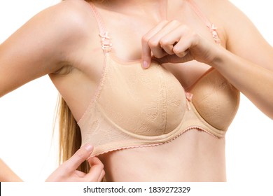 Slim Young Woman With Small Boobs Wearing Too Big Bra, Gaping Cups, Wrong Size Lingerie. Bosom, Brafitting And Underwear Concept.