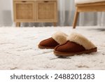 Slippers on soft white carpet in living room. Space for text