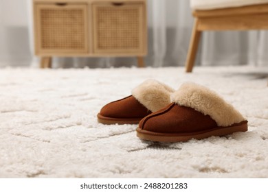 Slippers on soft white carpet in living room. Space for text