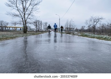 Slippery Road Covered Ice. Frozen Winter Way After Freezing Rain