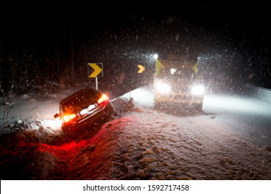 Slippery Road Leads To Car Accident In Winter Storm