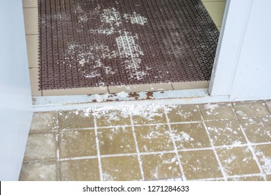 Slippery Surface Near The Entrance To The House Entrance, Winter Time, Foot Cleaning Mat