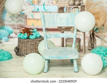 Sliver, Blue And White Decoration For A 1st Birthday Cake Smash Studio Photo Shoot With Balloons, Paper Decor. High Quality Photo