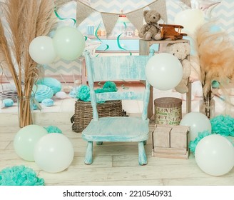 Sliver, Blue And White Decoration For A 1st Birthday Cake Smash Studio Photo Shoot With Balloons, Paper Decor. High Quality Photo