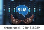 SLM small language model. Pruning and knowledge distillation for efficient neural networks. Businessperson holding an AI icon.