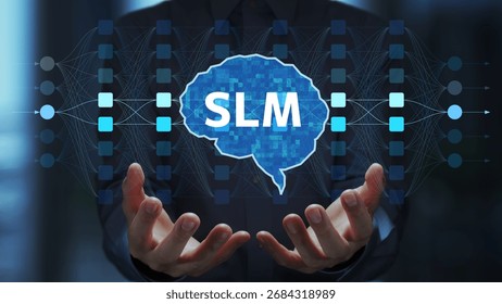 SLM small language model. Pruning and knowledge distillation for efficient neural networks. Businessperson holding an AI icon.