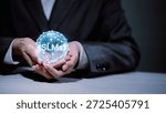 SLMs Small Language Models and artificial intelligence concept. Businessman holding glowing network globe with SLMs text. Innovation in machine learning and NLP technology.