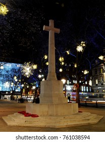 Sloane Square, London, UK - 11/28/16: Chelsea War Memorial, Designed By Reginald Blomfield With 2016 Christmas Lights In Background.