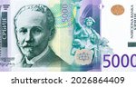 Slobodan Jovanovic, the Serbian lawyer, politician and historian. He was Prime Minister of the Yugoslav government in exile in London between 1942-1943, Portrait from Serbia 5000 Dinara 2016 Banknotes