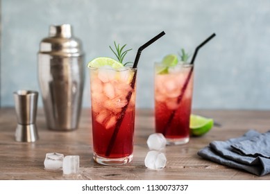 Sloe Gin Fizz Cocktail. Pink Cold Alcohol Drink With Ice, Lime And Soda, Copy Space.