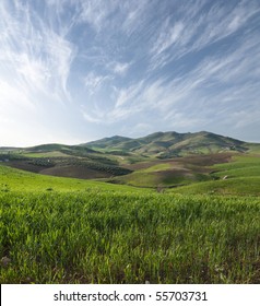 Slope Grassy On Sicilian Hinterland Hills