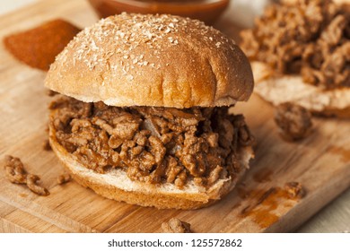 Sloppy Barbecue Beef Sandwich On A Whole Wheat Bun