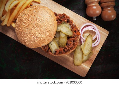 Sloppy Joes, Ground Beef Burger Sandwich With Pickles And French Fries