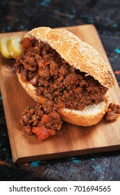 Sloppy Joes, Ground Beef Burger Sandwich Served On Wooden Board