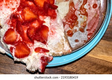 Sloppy Strawberry Cheesecake Mess With Runny Soft Cheese. Sweet Dessert Close-up From Above. Flatlay Image Of Badly Presented Comfort Food. Tasty Pudding Snack.