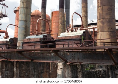 Sloss Furnaces National Historic Landmark, Birmingham Alabama USA, Elevated Train Tracks Running Alongside Vintage Steel Mill Complex, Horizontal Aspect