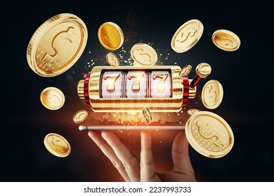 Slots online, playing 777 on a smartphone, gambling, betting, casino, jackpot coins mixed media - Shutterstock ID 2237993733