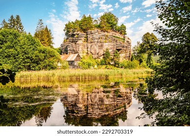 Sloup Castle in Northern Bohemia, Czechia. Sloup rock castle in the small town of Sloup v Cechach, in the Liberec Region, north Bohemia, Czech Republic.
