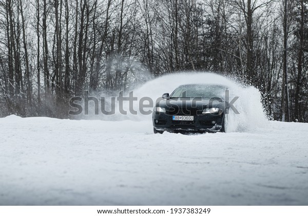 Liptovský Mikuláš, Slovakia - 12.12.2021: Audi\
in snow drifting