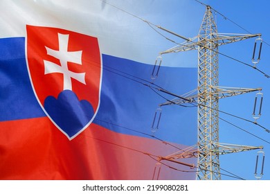 Slovakia flag on electric pole background. Power shortage and increased energy consumption in Slovakia. Energy development and energy crisis in Slovakia - Shutterstock ID 2199080281