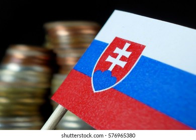 Slovakia Flag Waving With Stack Of Money Coins Macro