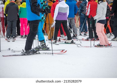 Slovakia, Jasna - February 4, 2022: People In Line To Ski Chair Lift Mountains Resort