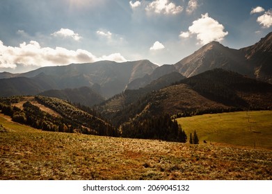 Slovakia Tatra Mountains With Autumn Meadow, Belianske Tatry. Slovakia Landscape. Colorfull Autumn Nature.