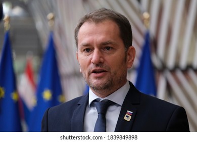 Slovakia's Prime Minister Igor Matovic arrives for an EU summit at the European Council building in Brussels, Belgium, Oct. 15, 2020